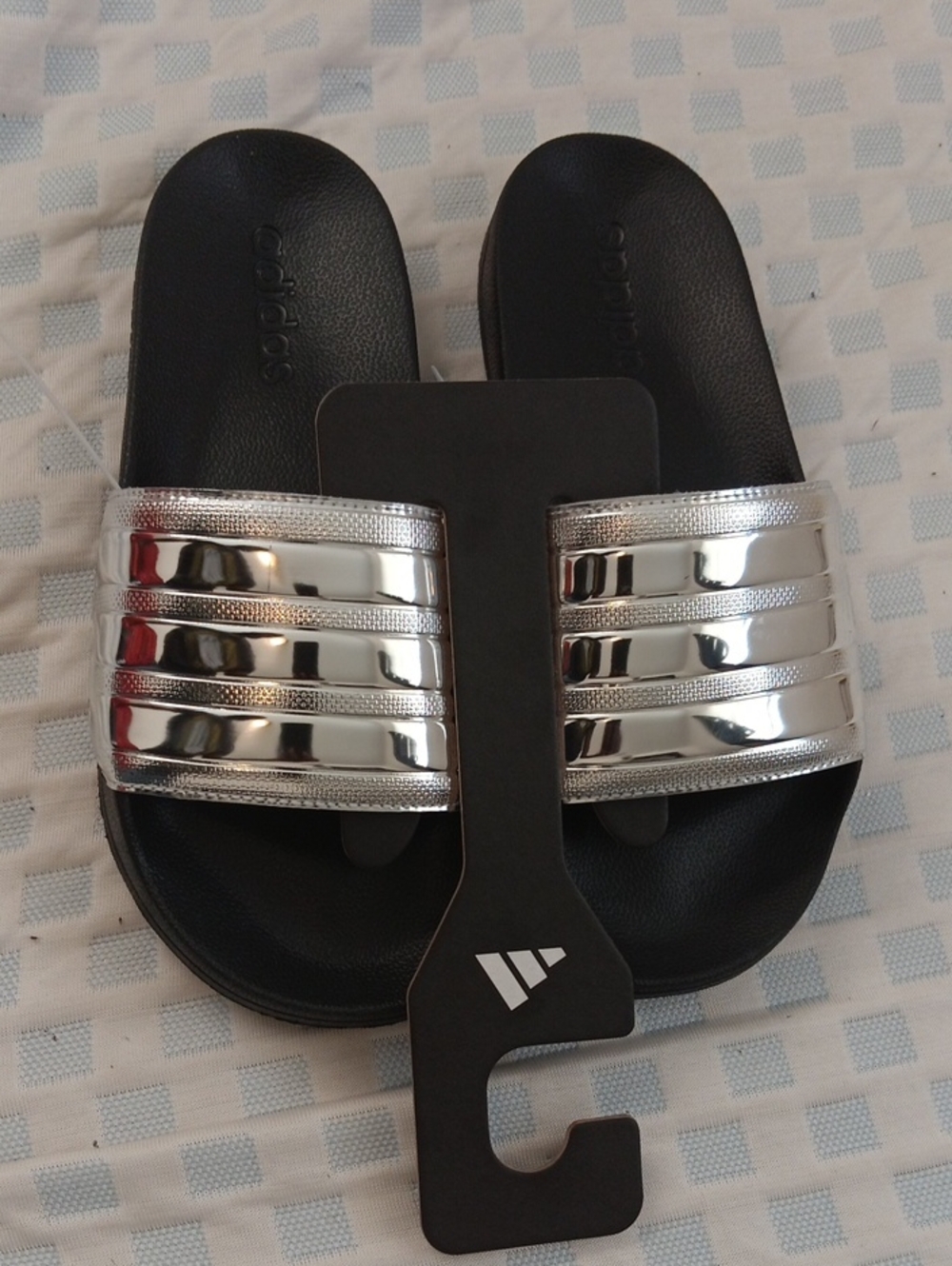 adidas Women’s Metallic Silver and Black Slide Sandals